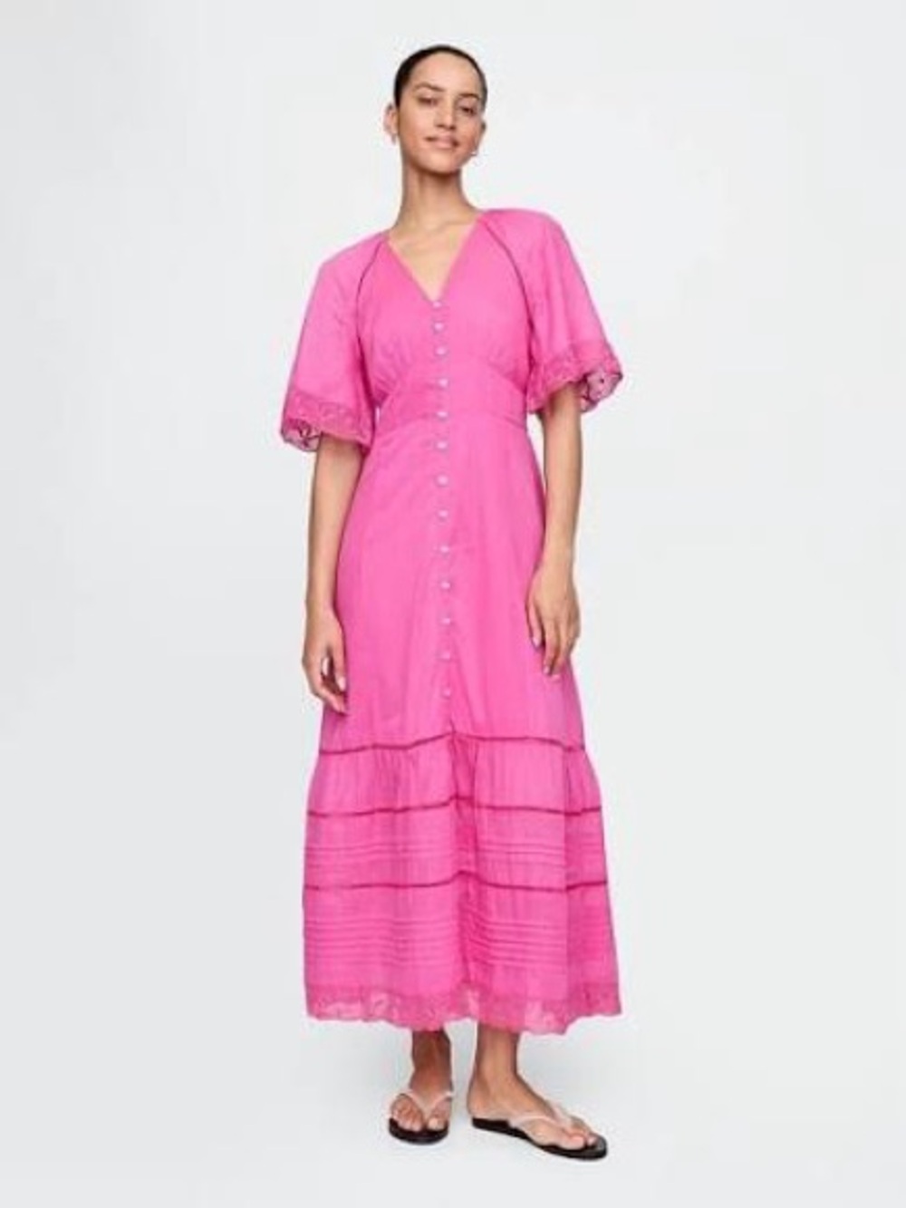 GAP hot Pink V-Neck Button-Front Maxi Dress with lace detail size medium